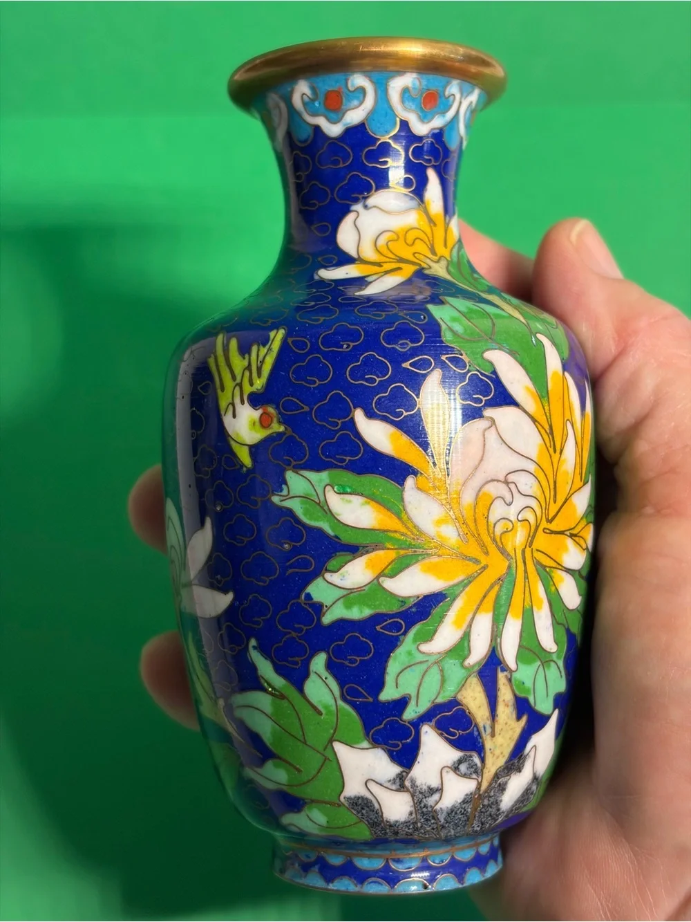 Cloisonné Floral Vase in Cobalt Blue and Yellow